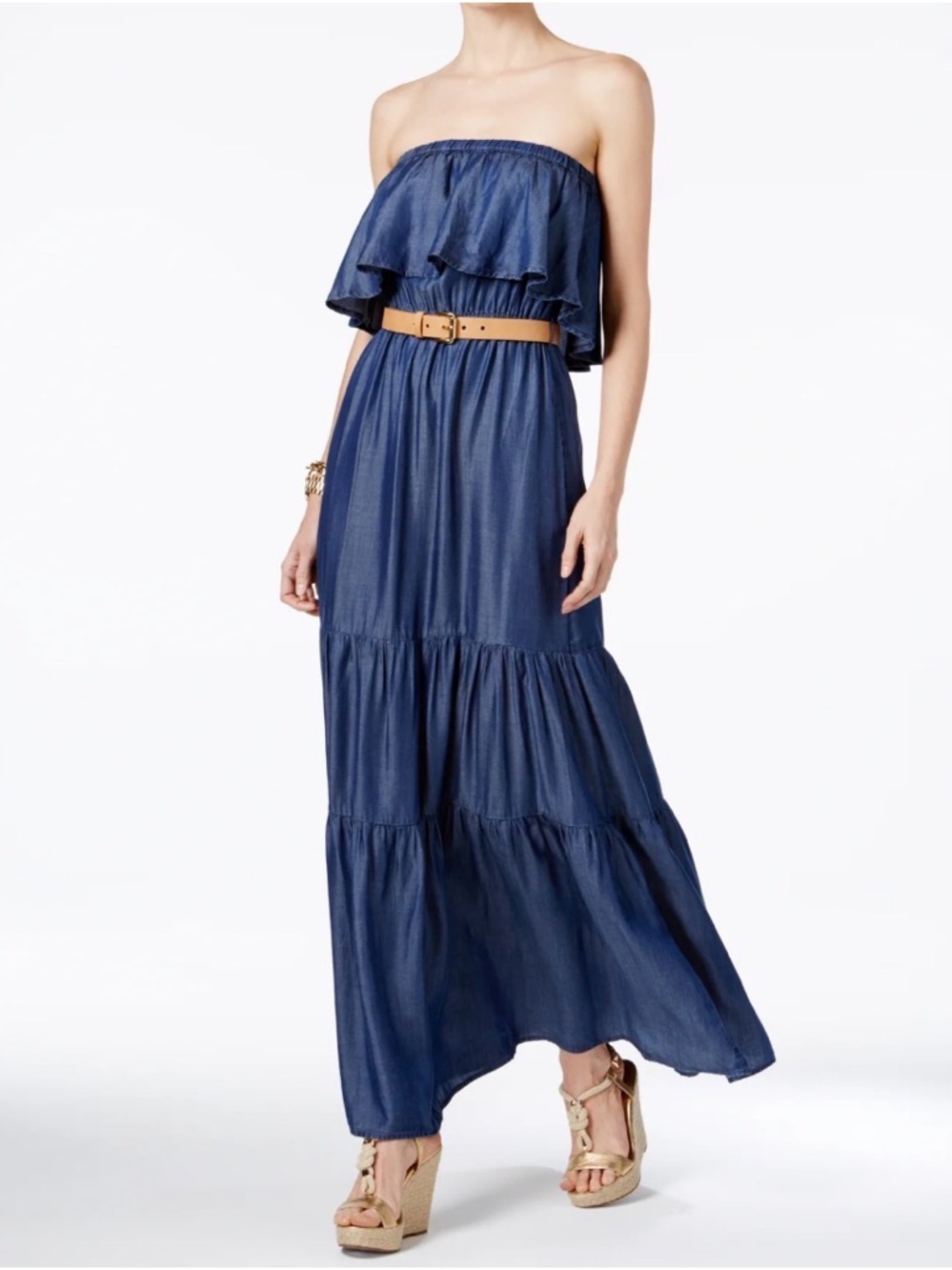 Michael Kors Navy Strapless Tiered Maxi Dress